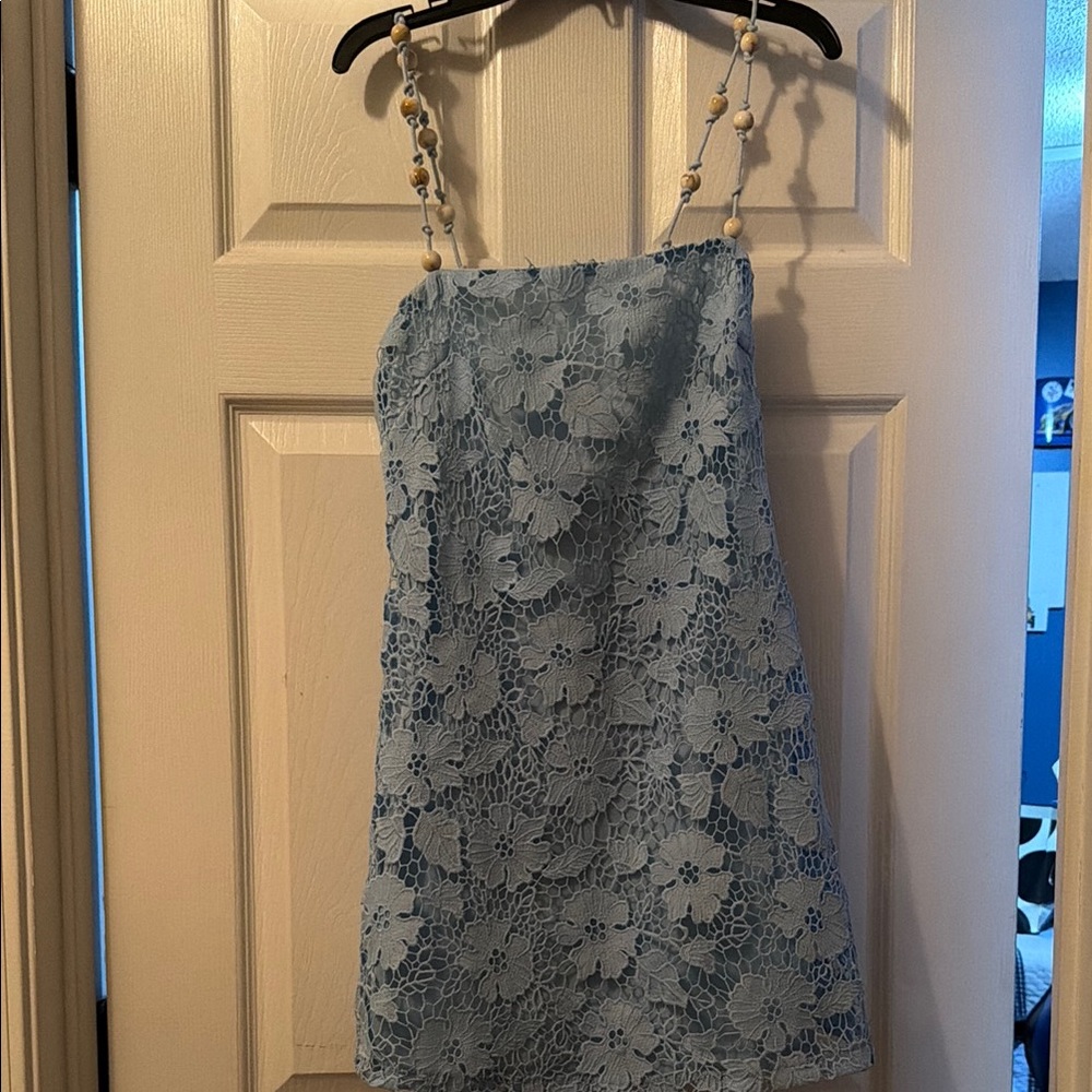 Hello Molly Light Blue Lace Mini Dress with Beaded Straps